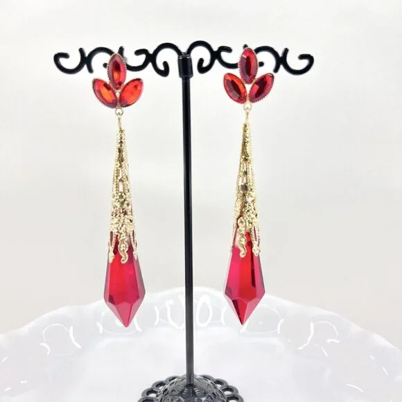 NWT – Charming Charlie – Red Jeweled Drop Glass Dangle Gold Tone 3.5” Earrings - Picture 3 of 8